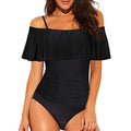 Black one-piece swimsuit with ruffled strap tube top design and solid color pattern for swimming