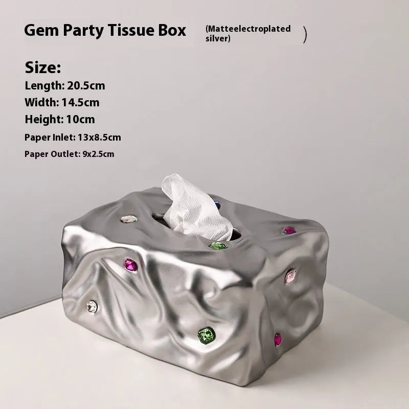 Gem party design ceramic tissue box in matte coconut milk white and matte silver electroplated finishes