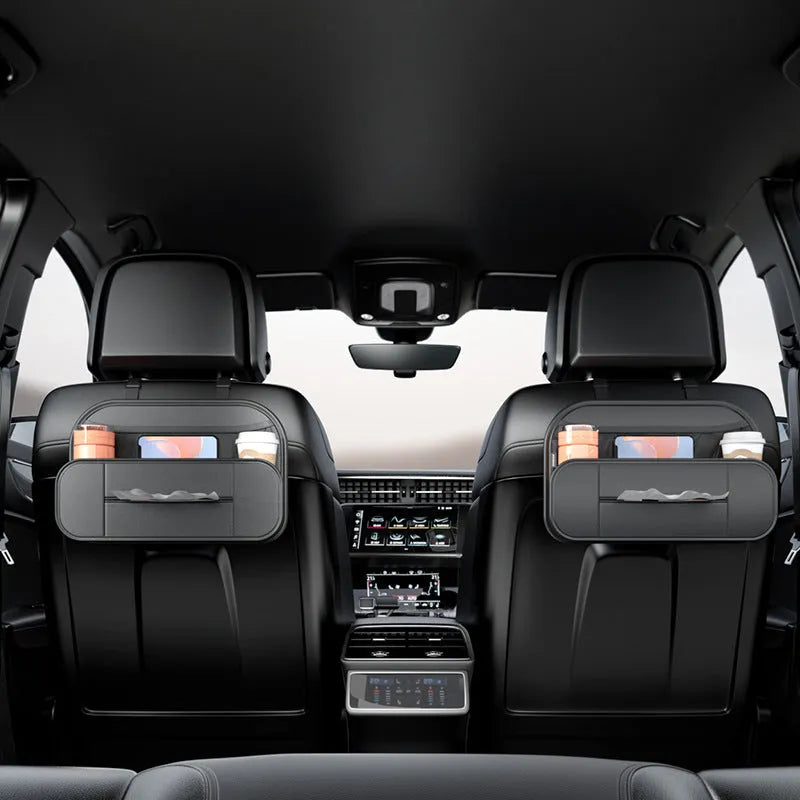 Black leather car seat rear storage bag with adjustable straps showing 36cm organisable space