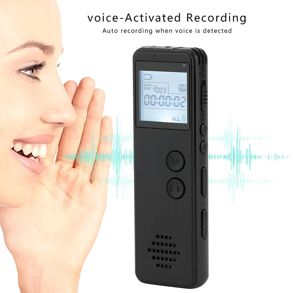 Black MP3 digital voice recorder with screen, showing compact size of 88mm by 33mm.