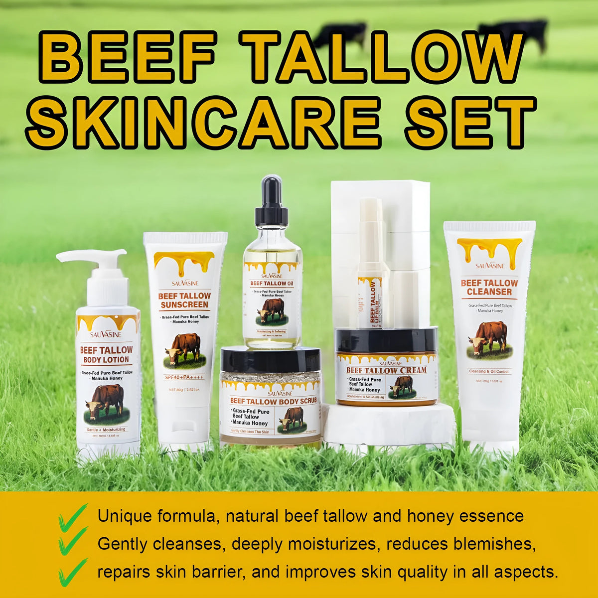 Butter Honey seven-piece skincare set box containing facial cleanser, face cream, lipstick, protective cream, body lotion, facial scrub, and beef tallow.
