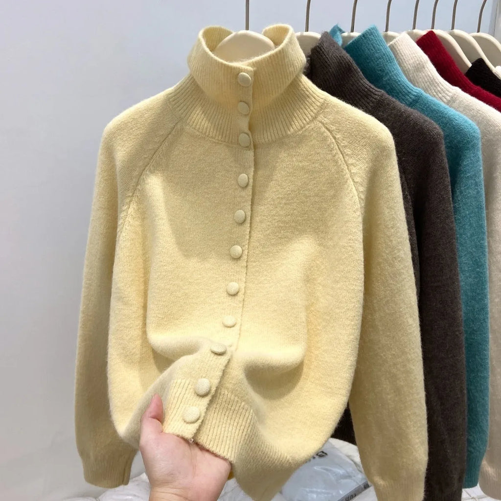 Women's turtleneck cardigan, loose thick polyester knit sweater with button front, in red yellow gray apricot blue black