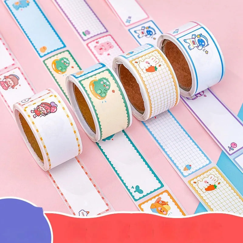 Roll of colourful cartoon name stickers showing dinosaur, astronaut, rabbit, and girl designs for labelling