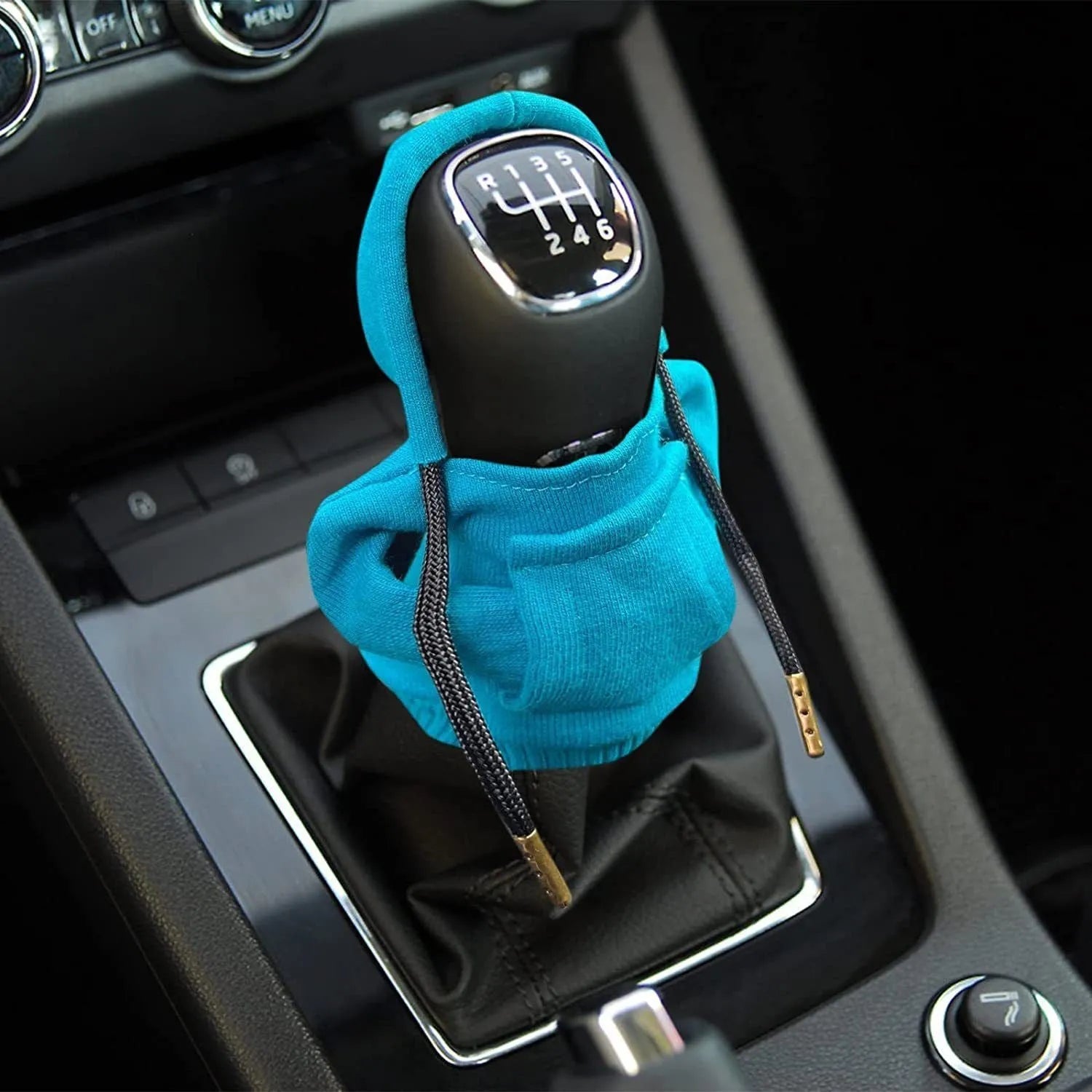 Knitted cloth car gear shift knob cover measuring 13 by 8 cm in blue colour