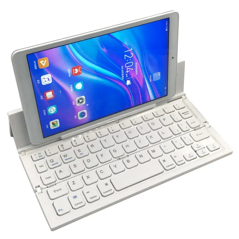 Black and white mini folding wireless Bluetooth keyboard for tablets, shown open with numeric keypad.