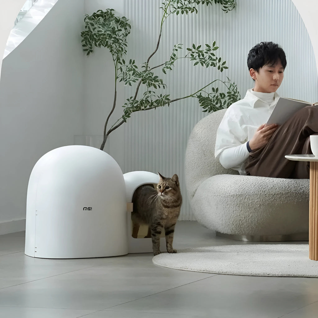 Oversized fully enclosed cat litter box with tunnel entrance in Aurora White colour