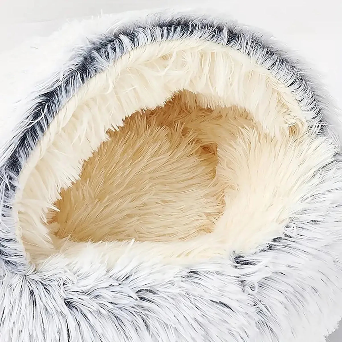 Round plush hooded cat bed in faux fur with non-skid base, semi-enclosed donut shape, available in 40cm, 50cm, 60cm