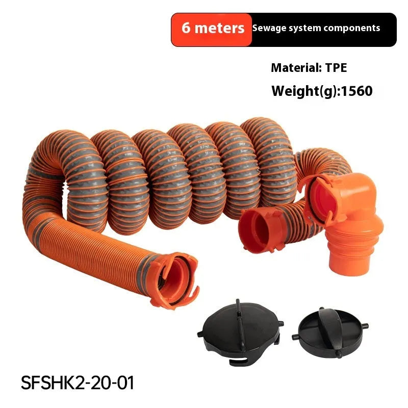 A 90-degree rotary elbow joint for connecting a caravan sewage hose to a waste outlet.