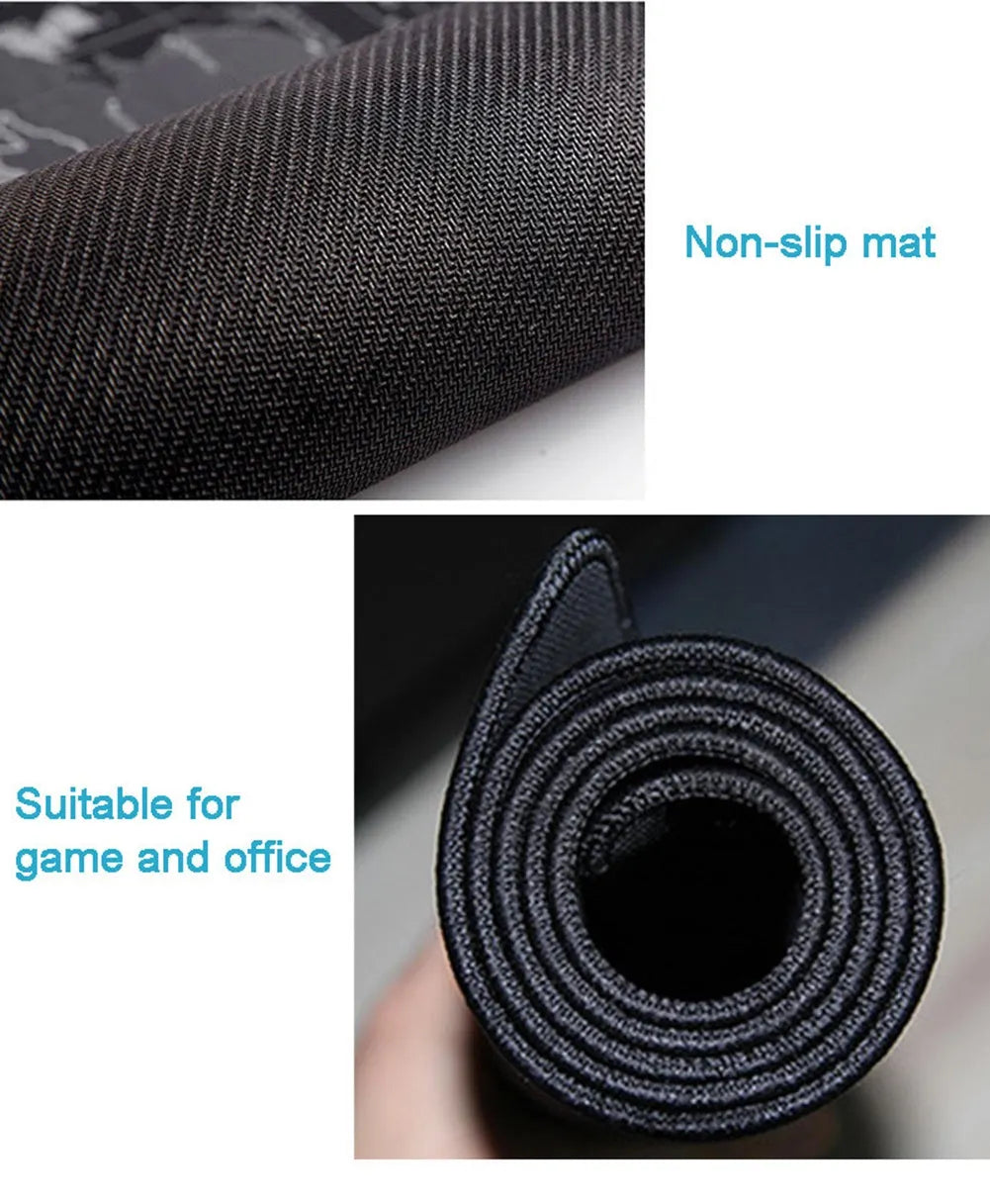 Large custom cartoon-printed mouse pad with natural rubber non-slip base on a desk with keyboard.