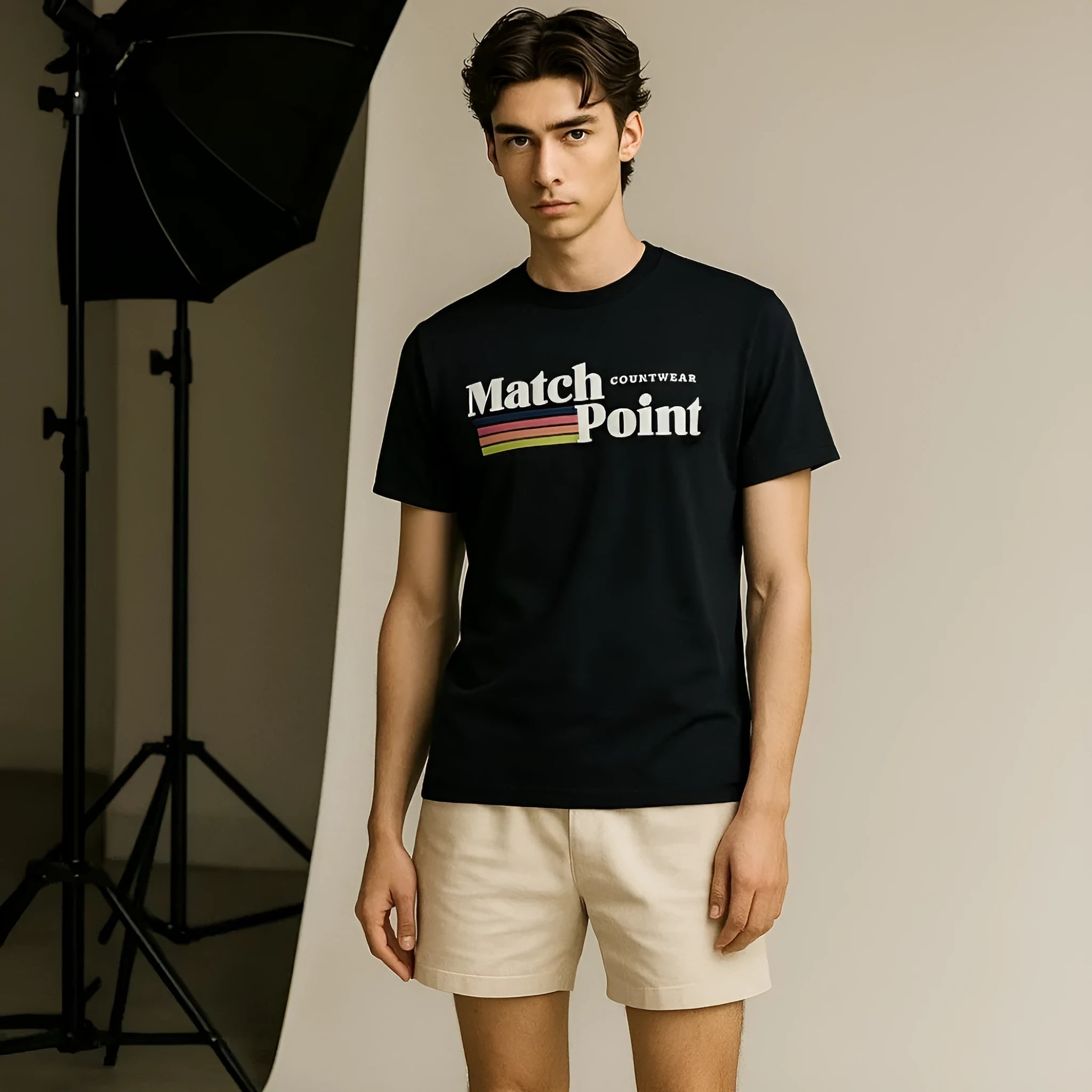Men's black casual t-shirt with 3D digital print pattern, short sleeves and round neckline