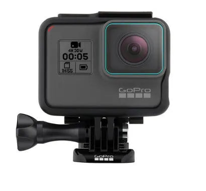GoPro Hero camera with transparent tempered glass lens protector and LCD screen protector film applied.