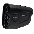 Golf laser rangefinder with LCD display showing distance measurement, featuring USB Type-C charging port