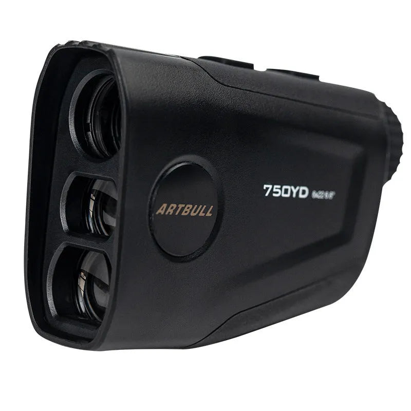 Golf laser rangefinder with LCD display showing distance measurement, featuring USB Type-C charging port