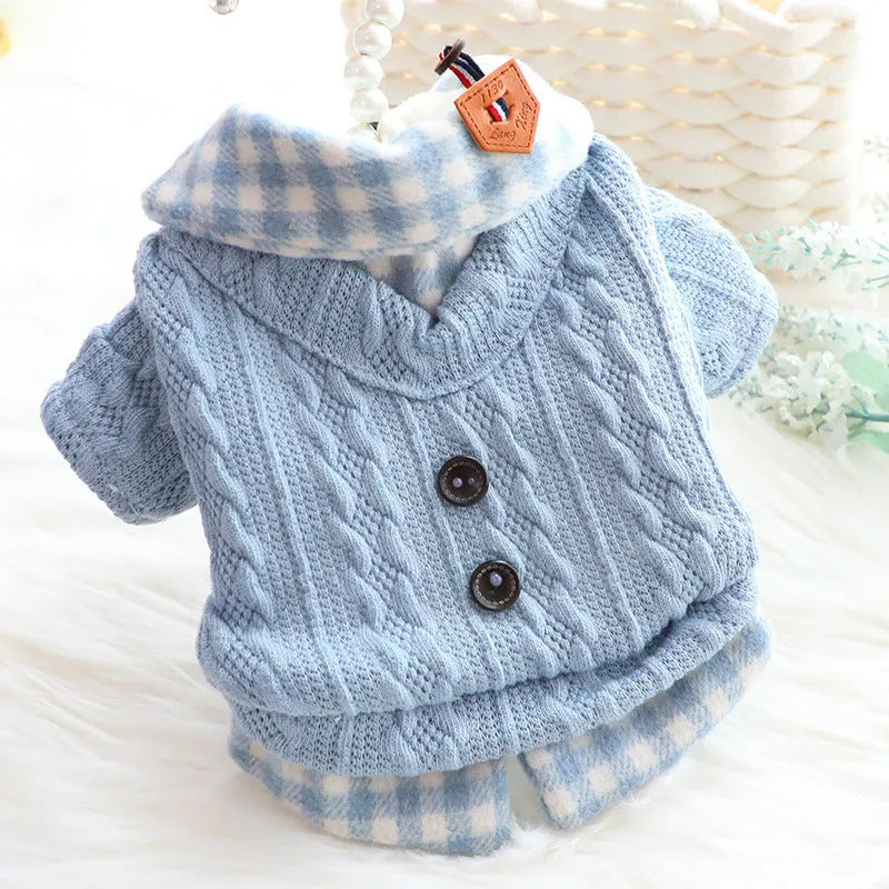 Blue wool plaid dog sweater with fleece lining and matching cotton jacket set
