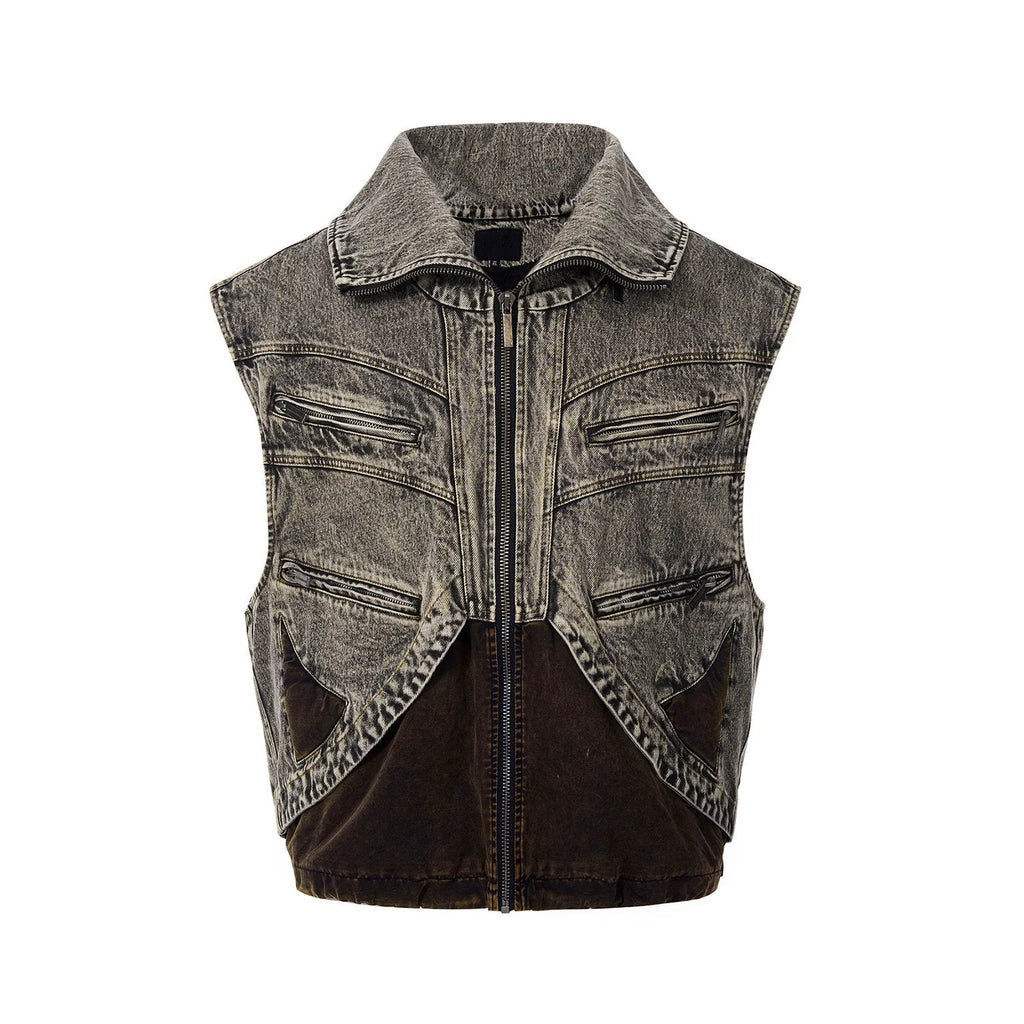 Men's splicing denim sleeveless vest jacket with front zipper in a youthful pop style.