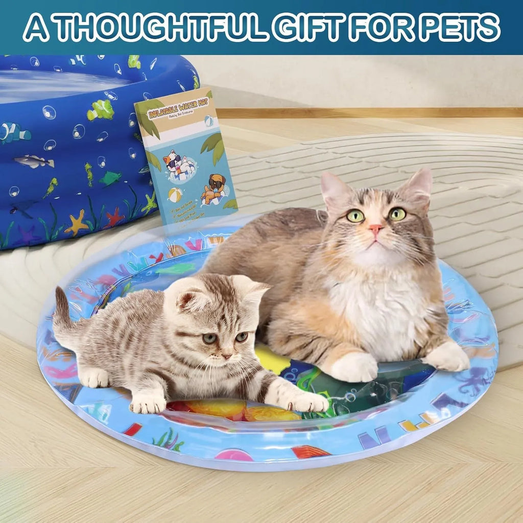 Square blue water sensory playmat for cats with floating fish toys on surface