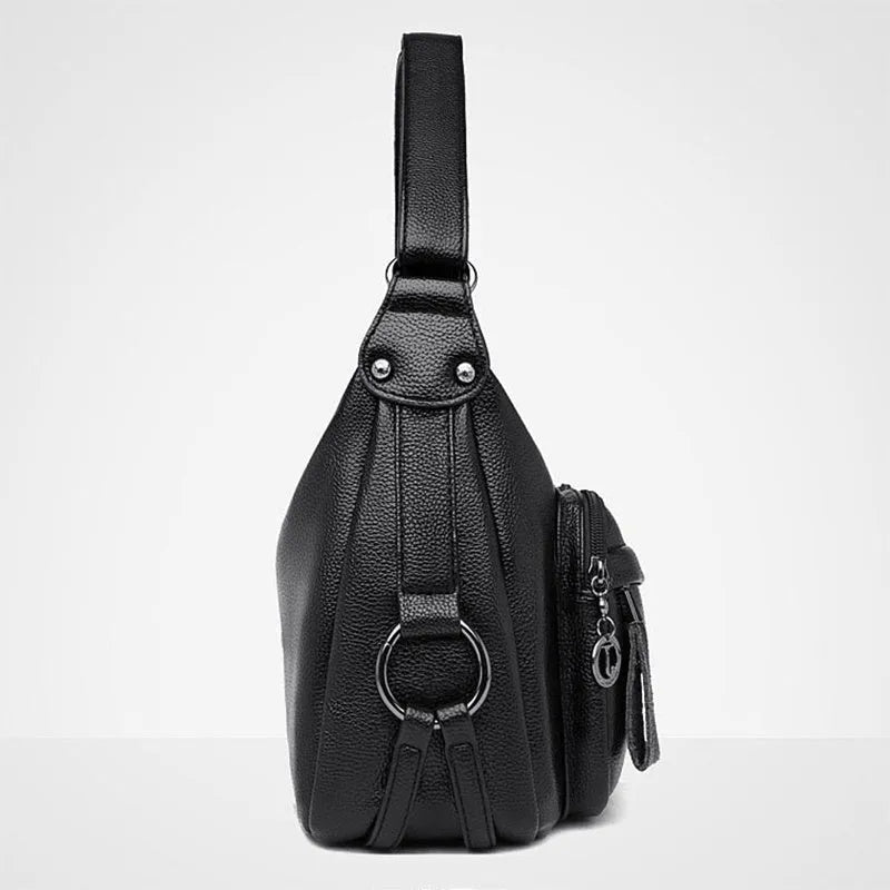Large black or blue soft PU women's shoulder bag with crossbody strap and multiple internal pockets