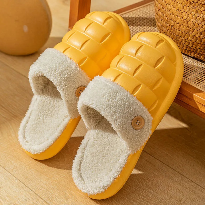 Plaid detachable slippers with plush lining and a textured EVA sole, shown in pink.