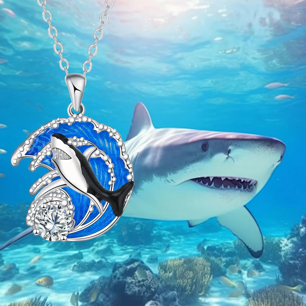 HAILANG women's silver-tone shark pendant necklace on an adjustable cross chain.