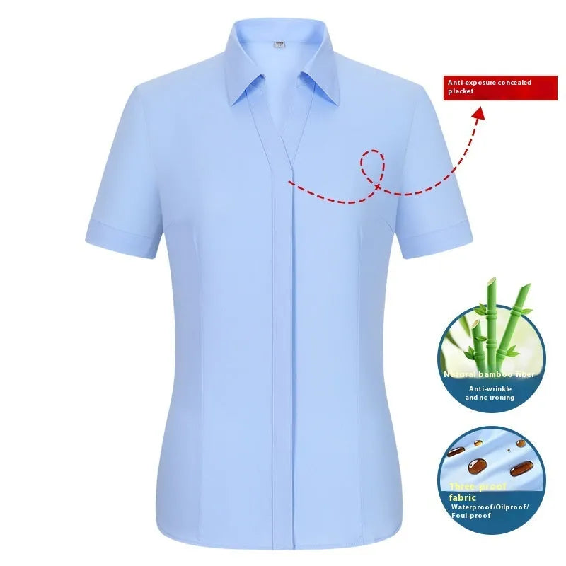 Men's short sleeve bamboo fiber shirt with square collar in solid color, featuring waterproof and stain resistant business formal style