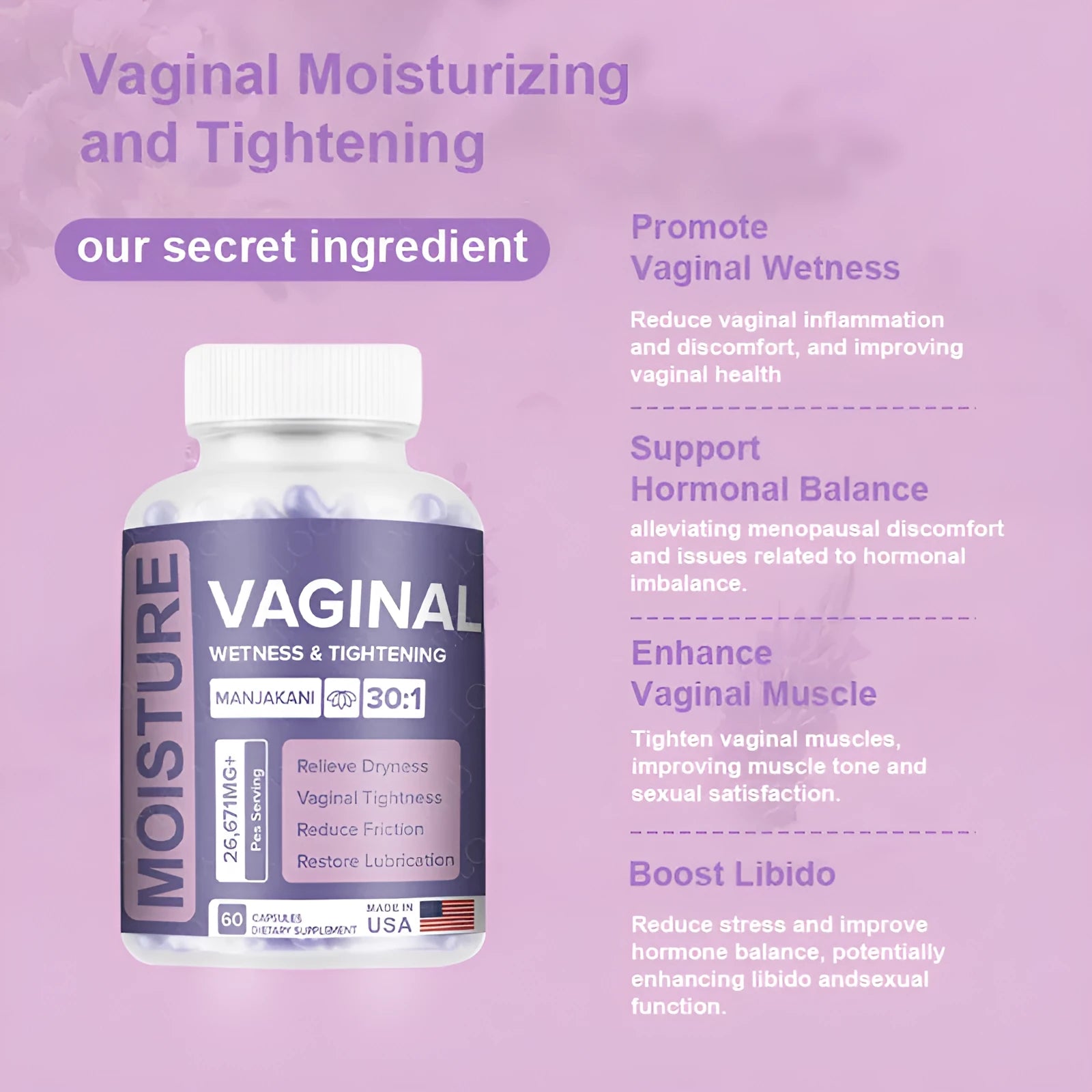 60-count bottle of vaginal capsules with herbal extract formula for adult intimate health