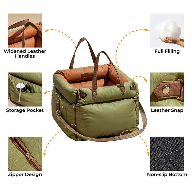 Green waterproof dog car bed with removable cover on a car seat, measuring 55cm by 50cm.