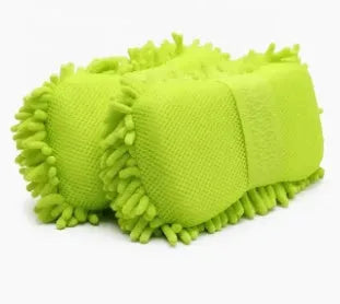 Silvery green chenille microfiber car wash sponge on a white background.
