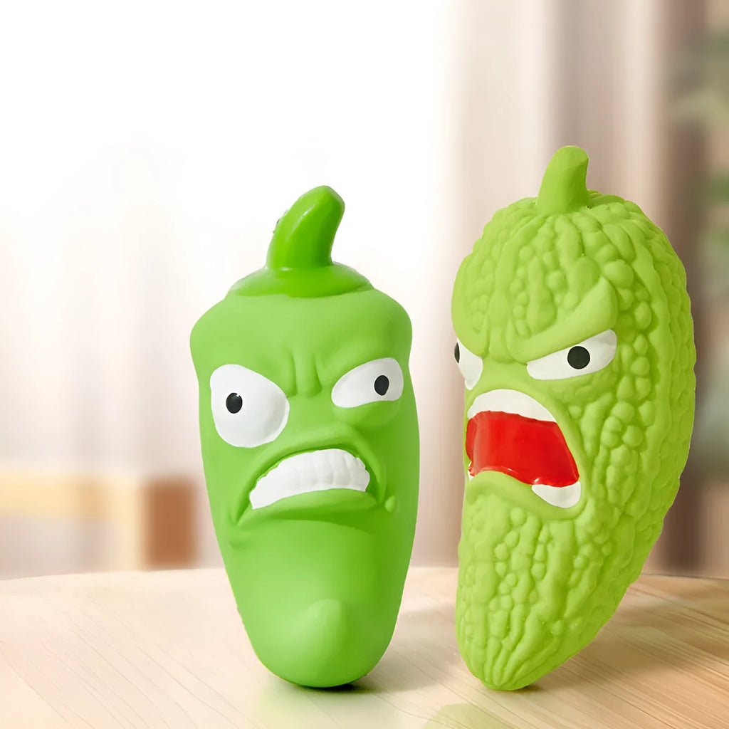 Bitter melon and chilli shaped dog chew toys with squeakers for dental care and boredom relief