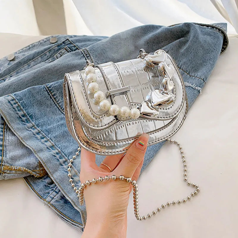 Silver laser pearl tote saddle girl mini crossbody bag with single strap and mobile phone pocket