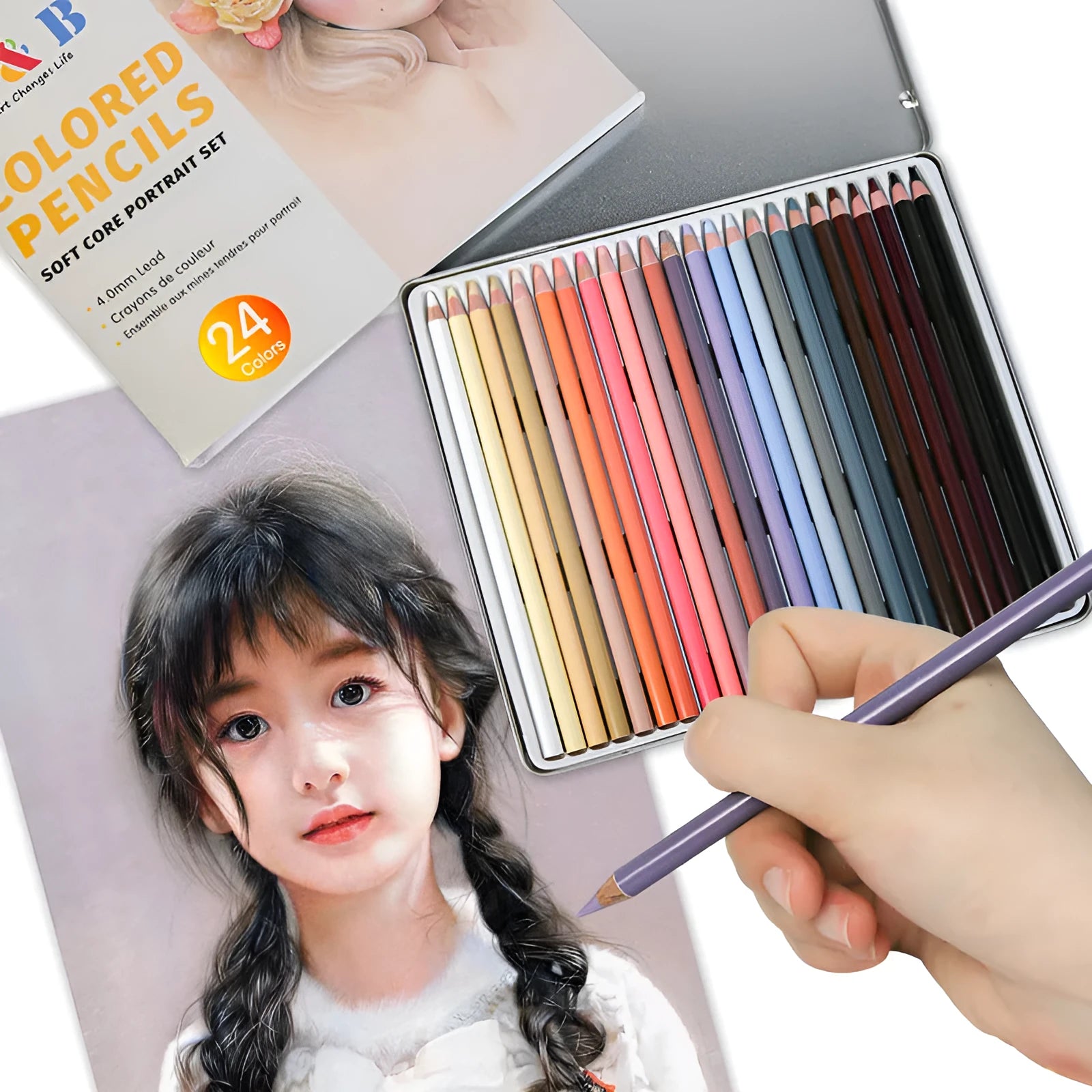 24 skin tone coloured pencils in iron tin case with round brush pot for portrait artwork
