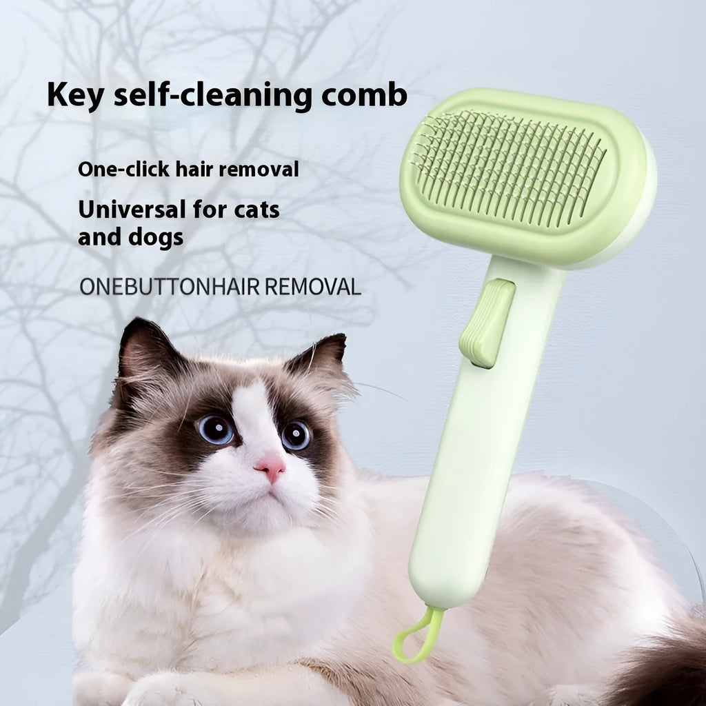 Large pet hair removal comb with stainless steel blades and one-click button for untangling knots