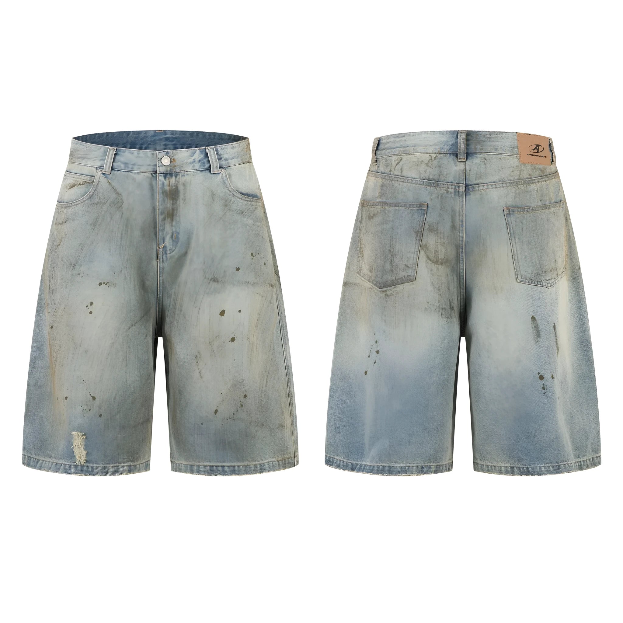 Blue washed cropped denim jeans with straight leg and zipper fly on mannequin