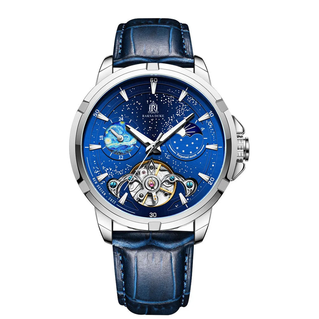 Men's blue dial automatic mechanical watch with stainless steel case, side view showing 14mm thickness.