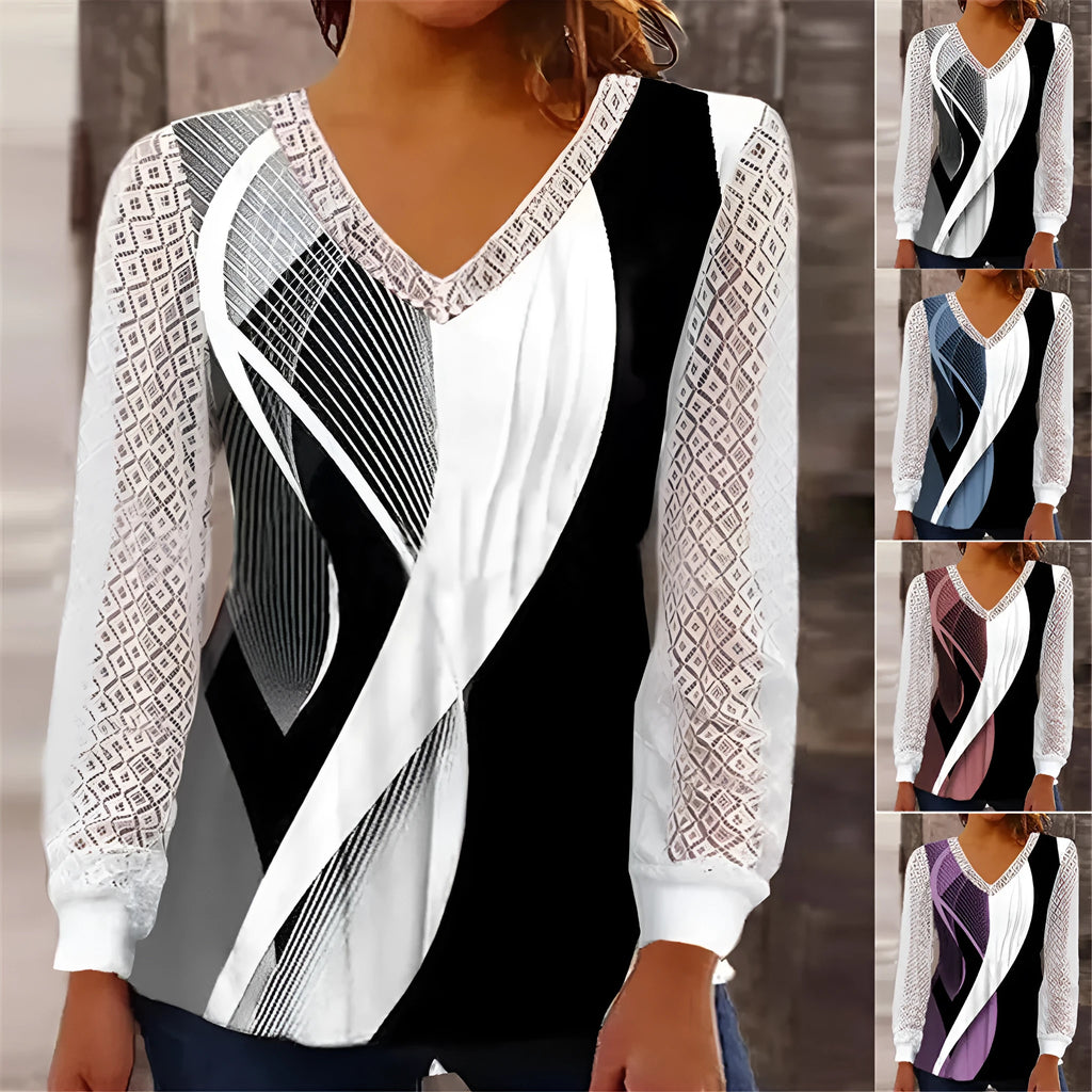 Women's loose V-neck lace top in purple with long sleeves, shown on a hanger.
