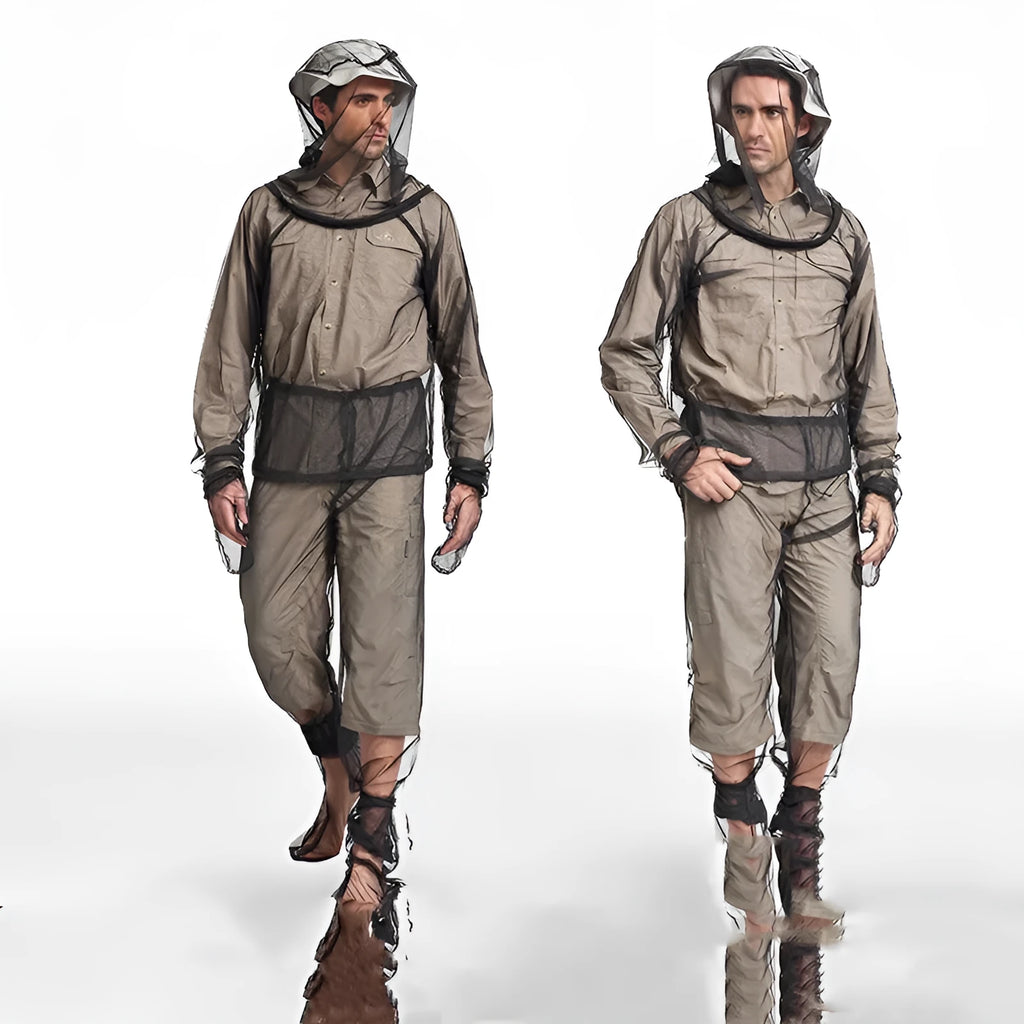 Grey mesh anti mosquito suit set showing hooded top, trousers, and booties for outdoor wear.