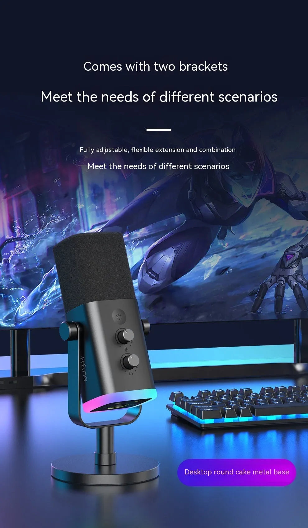 Dynamic noise reduction microphone with detachable black bracket base on desk with XLR cable