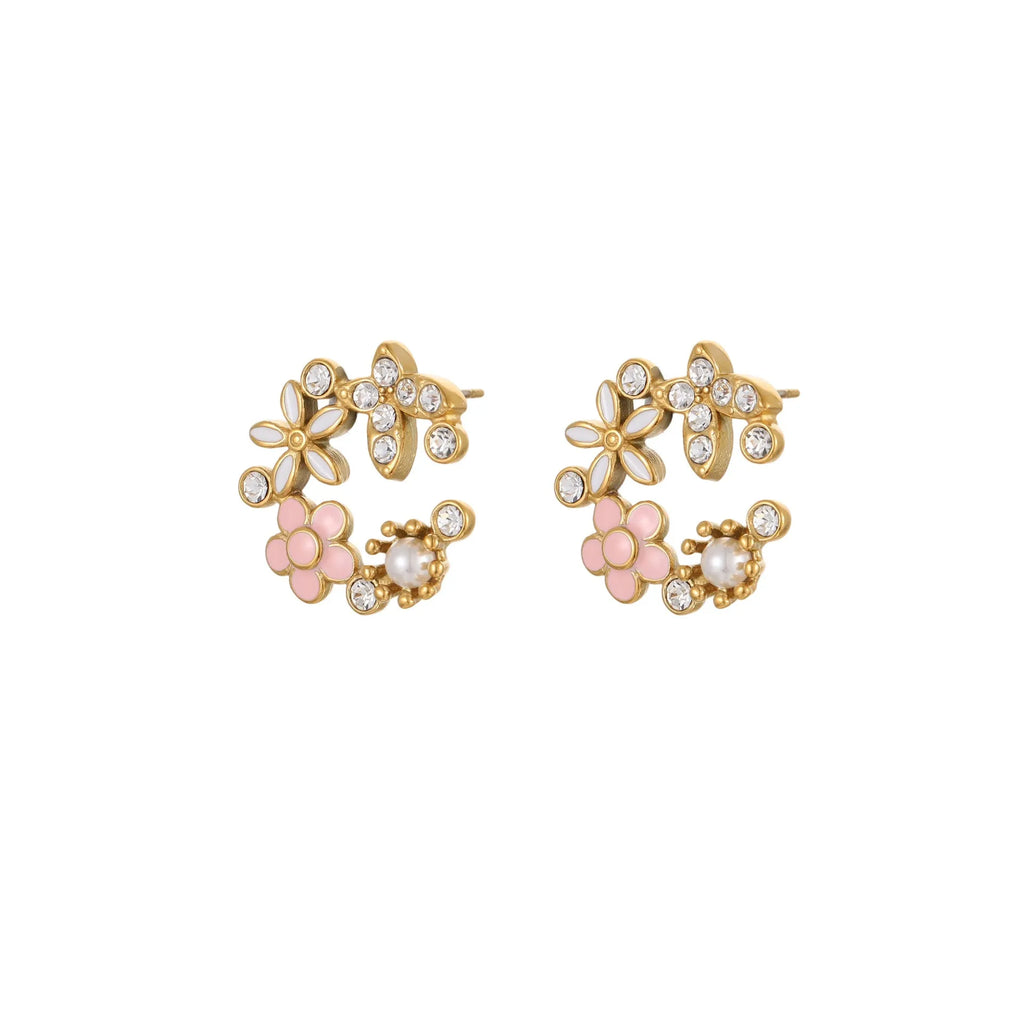 Flower stud earrings with petal design and 18K gold colour electroplating