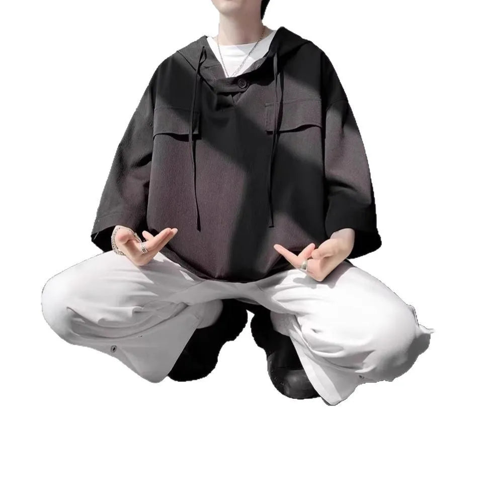 Men's plus size hooded short sleeve t-shirt in loose fit polyester for summer