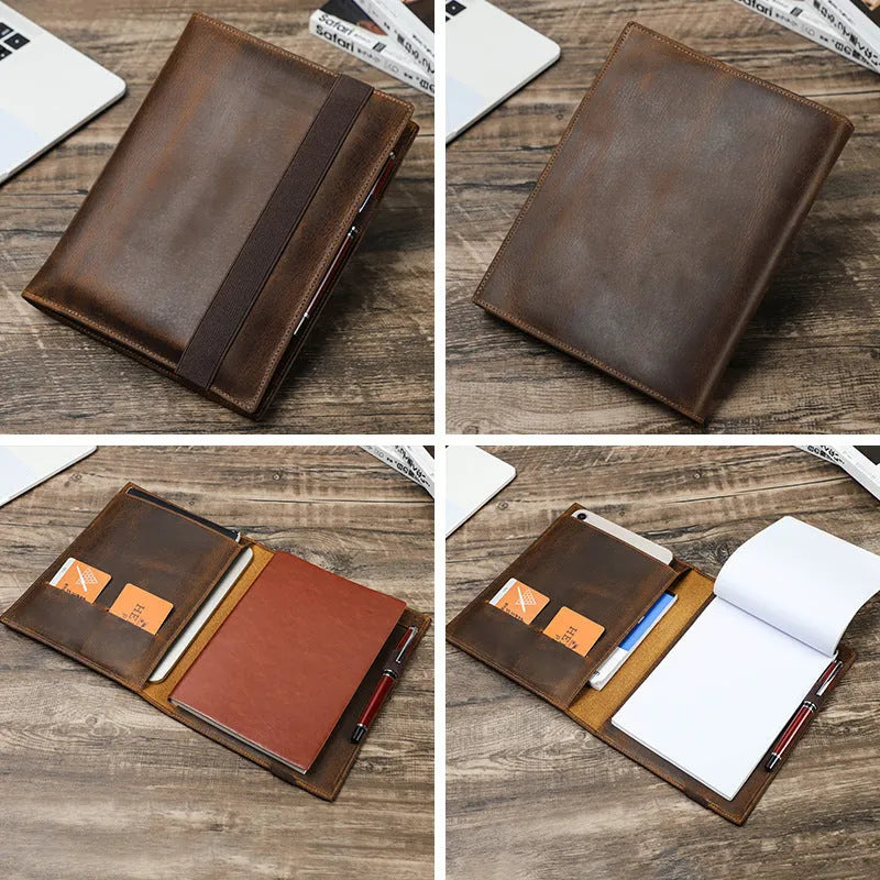 Brown Crazy Horse leather A5 notebook protective sleeve with socket closure