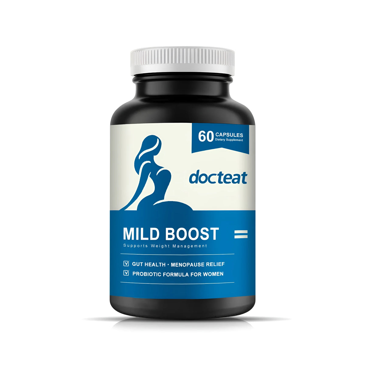 Dietary supplement capsules container with probiotic blend, turmeric, moringa, and botanical extracts