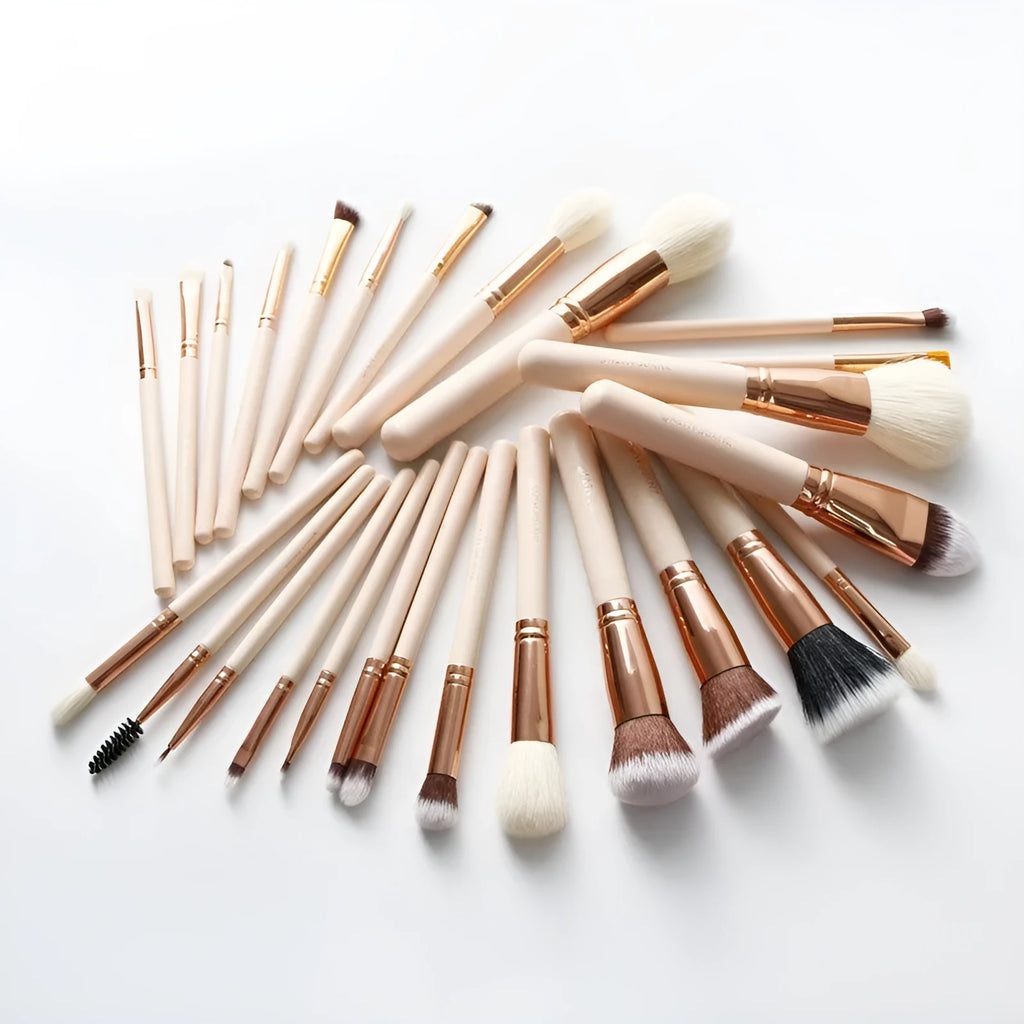 26 pink wooden handle makeup brushes with natural wool bristles in storage bag