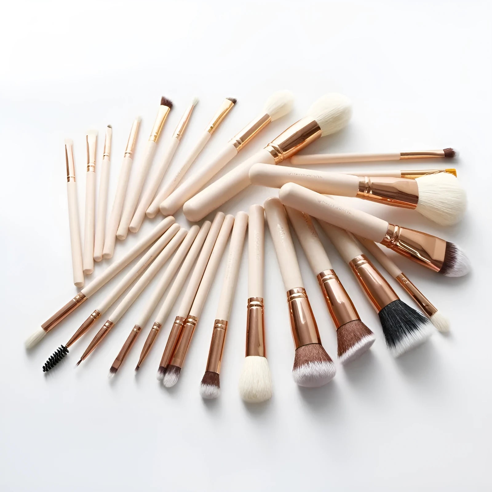 26 pink wooden handle makeup brushes with natural wool bristles in storage bag