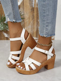 Plus size Roman women's peep toe sandals with chunky heel and buckle ankle strap in black