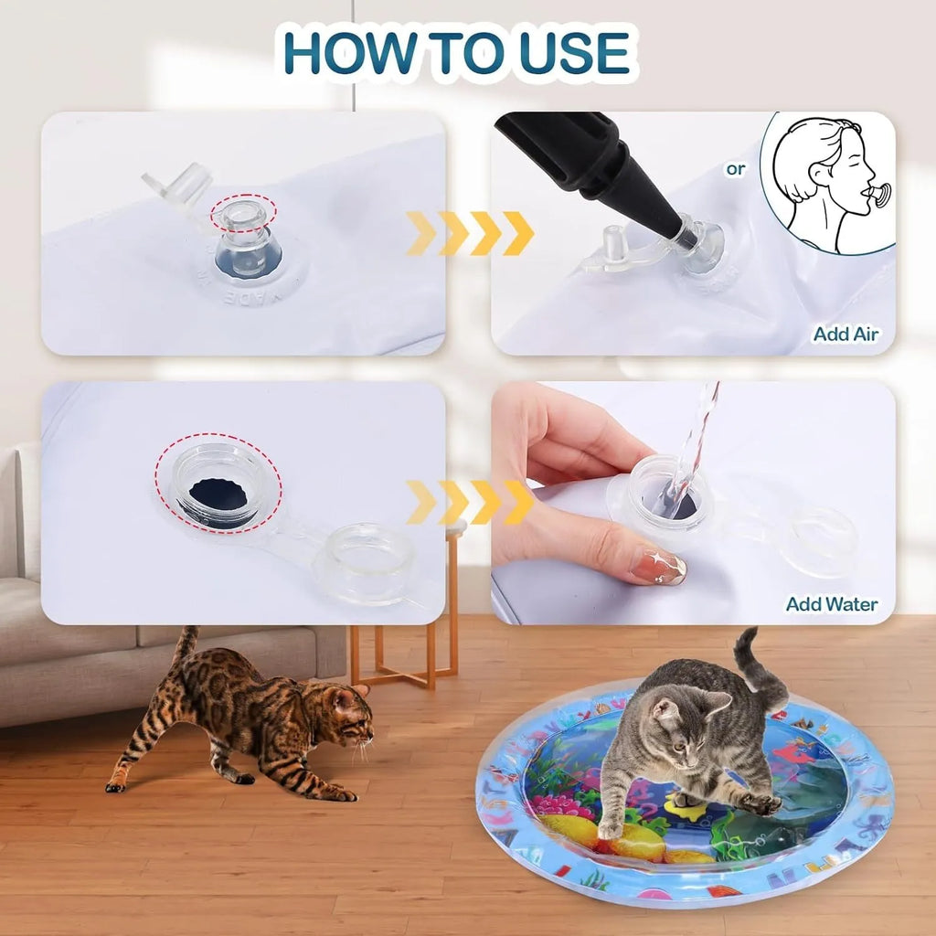 Square blue water sensory playmat for cats with floating fish toys on surface
