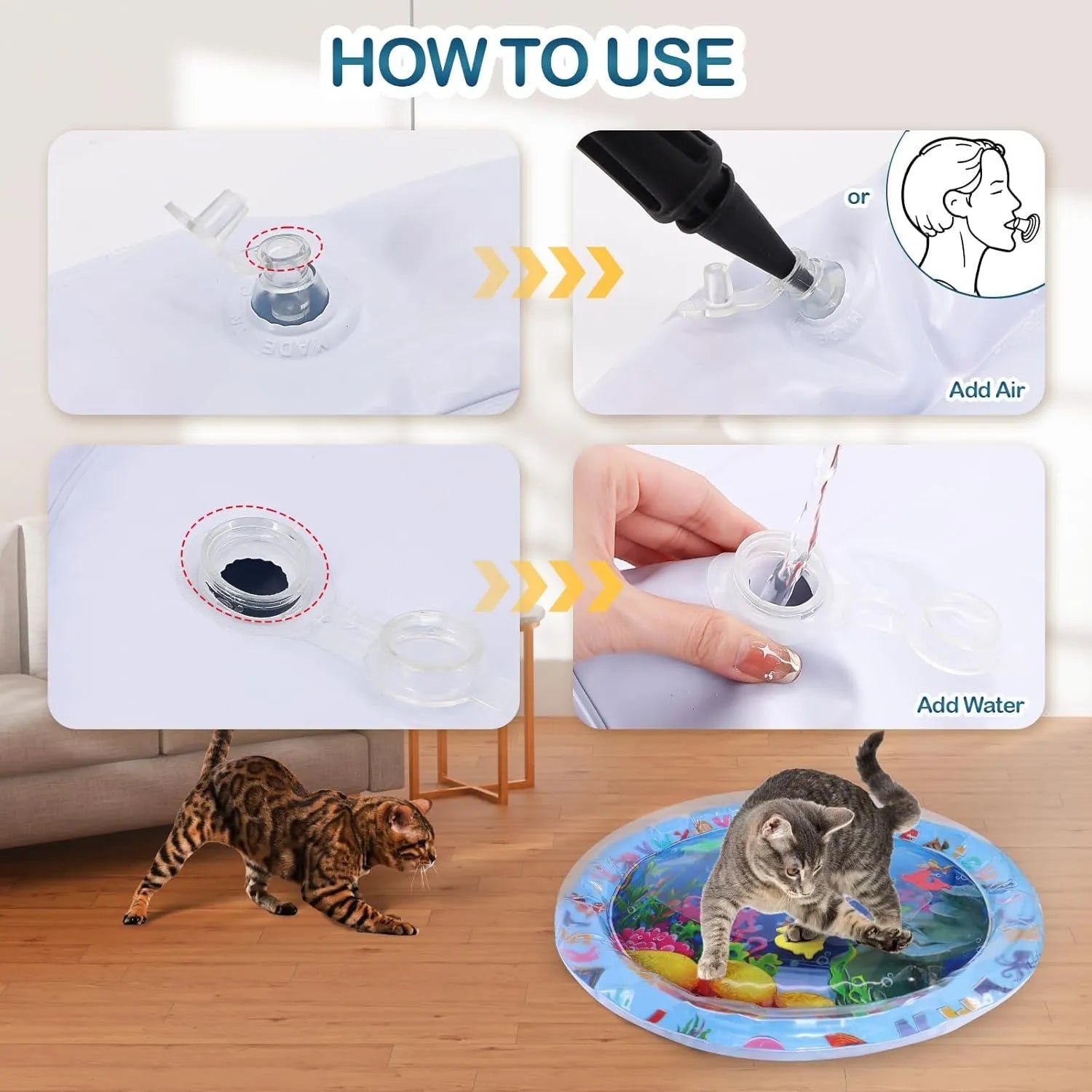 Square blue water sensory playmat for cats with floating fish toys on surface