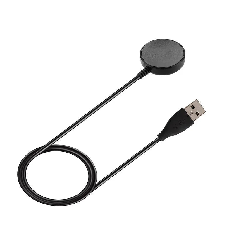 Small black plastic USB charger for smartwatches with a connected cable.