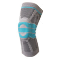 Sky blue silicone knee pad for basketball and sports on a knee.