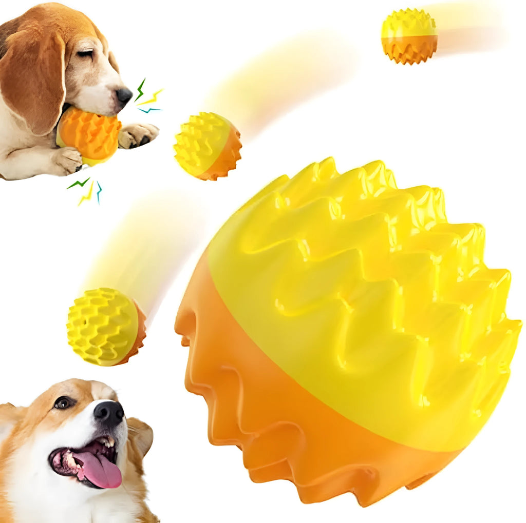 Blue or orange squeaky rubber dog ball with spiky dental cleaning texture