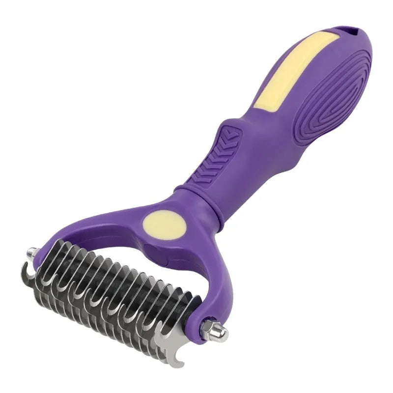 Purple plastic double-sided dog comb for removing tangles and mats from pet fur