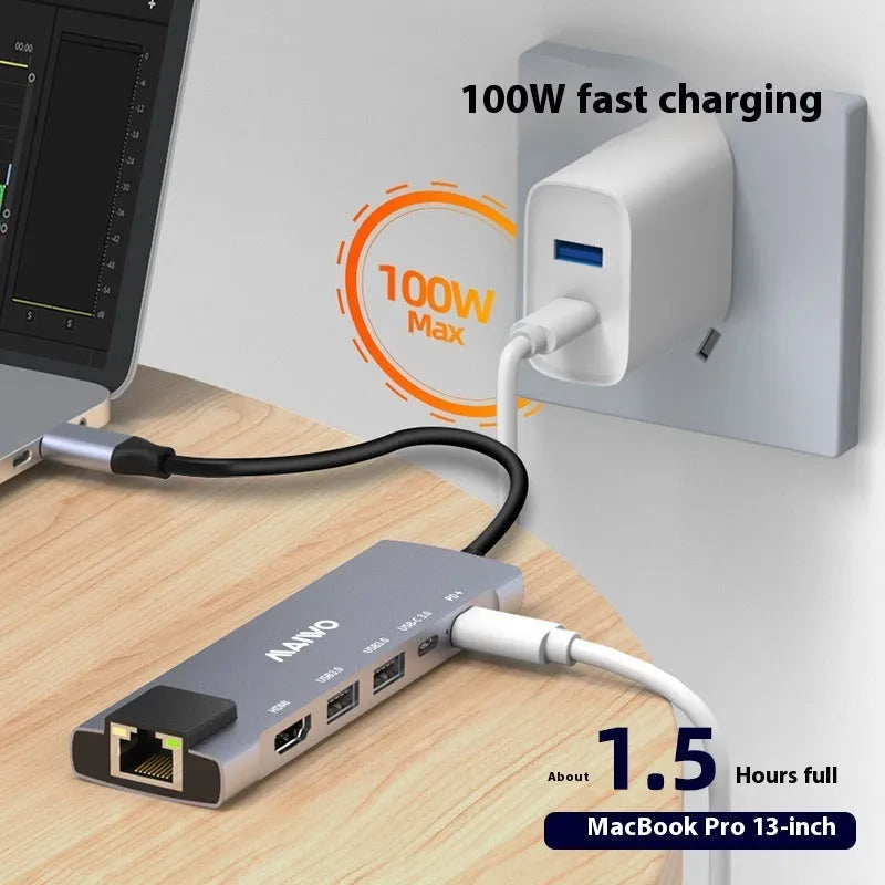 Steam Deck six-in-one docking station with Type-C cable, aluminium shell, HDMI, Ethernet, and USB ports.